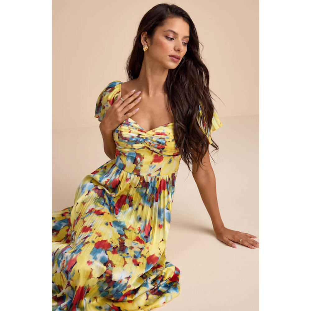 Lulus Authentically Yours Yellow Multi Abstract Print Satin Midi Dress - Size L